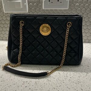 Versace Black Quilted Shoulder Bag Tote, Lambskin, Gold Chain and Medallion